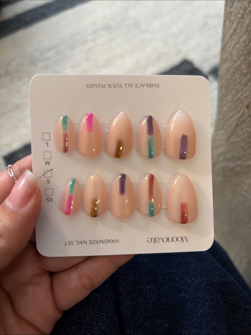 Nude Press-On Nails with Multicolor Accent Stripes